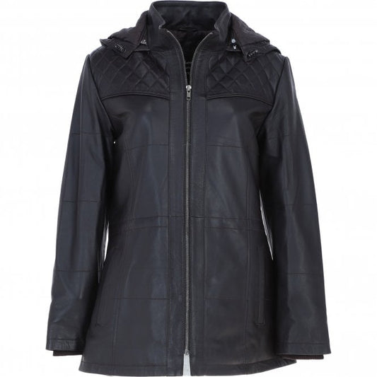 Genuine Leather Coat with Detachable Hood Brown