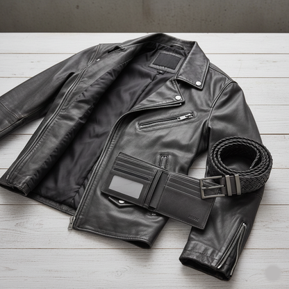 Complete Leather Look: Jacket, Belt & Wallet Bundle Deal