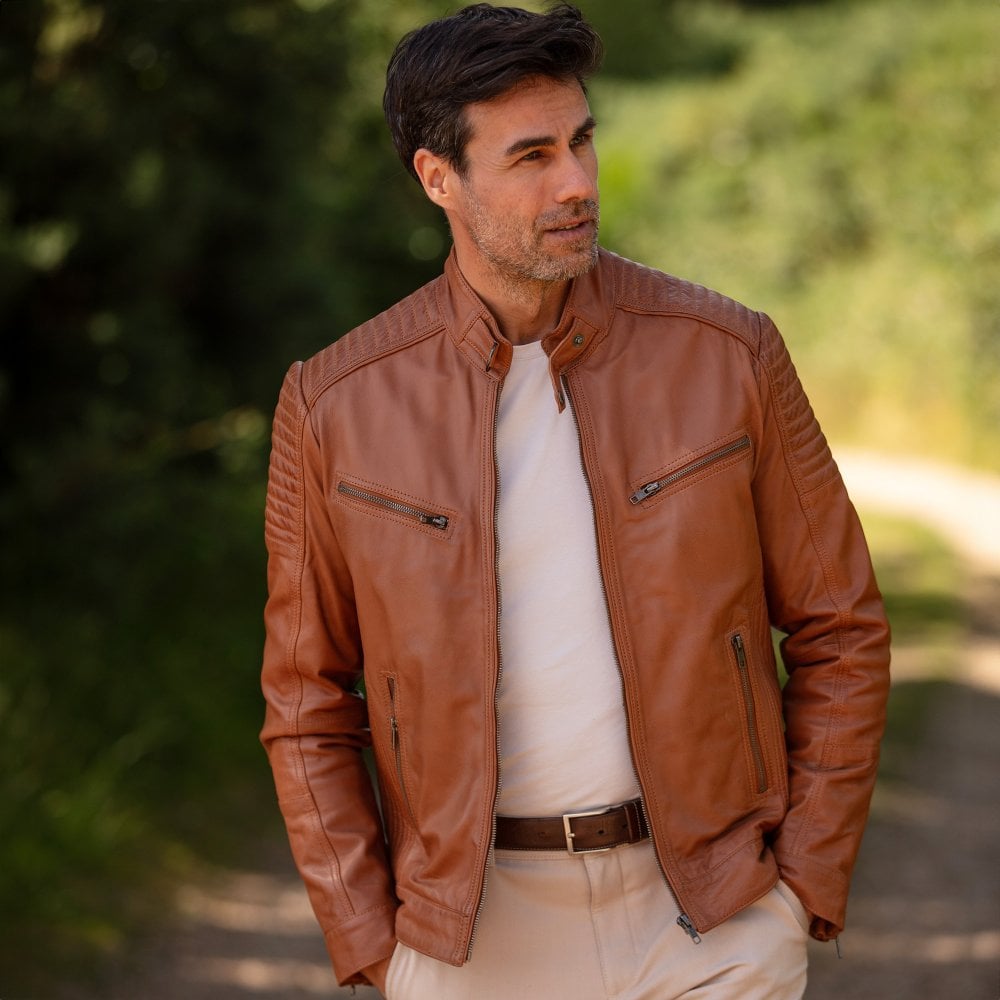 Mens Leather Biker Jacket Tan