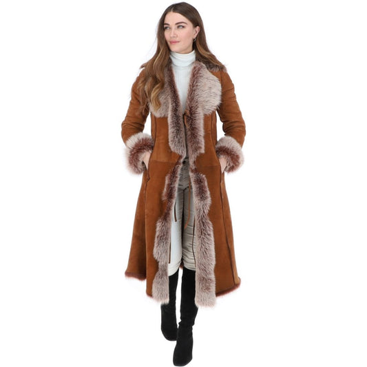 Long Length Toscana Suede Leather Coat Tan