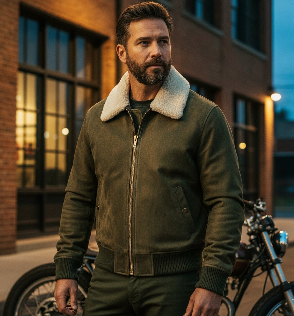 Men's Shearling Collar Suede Bomber Jacket