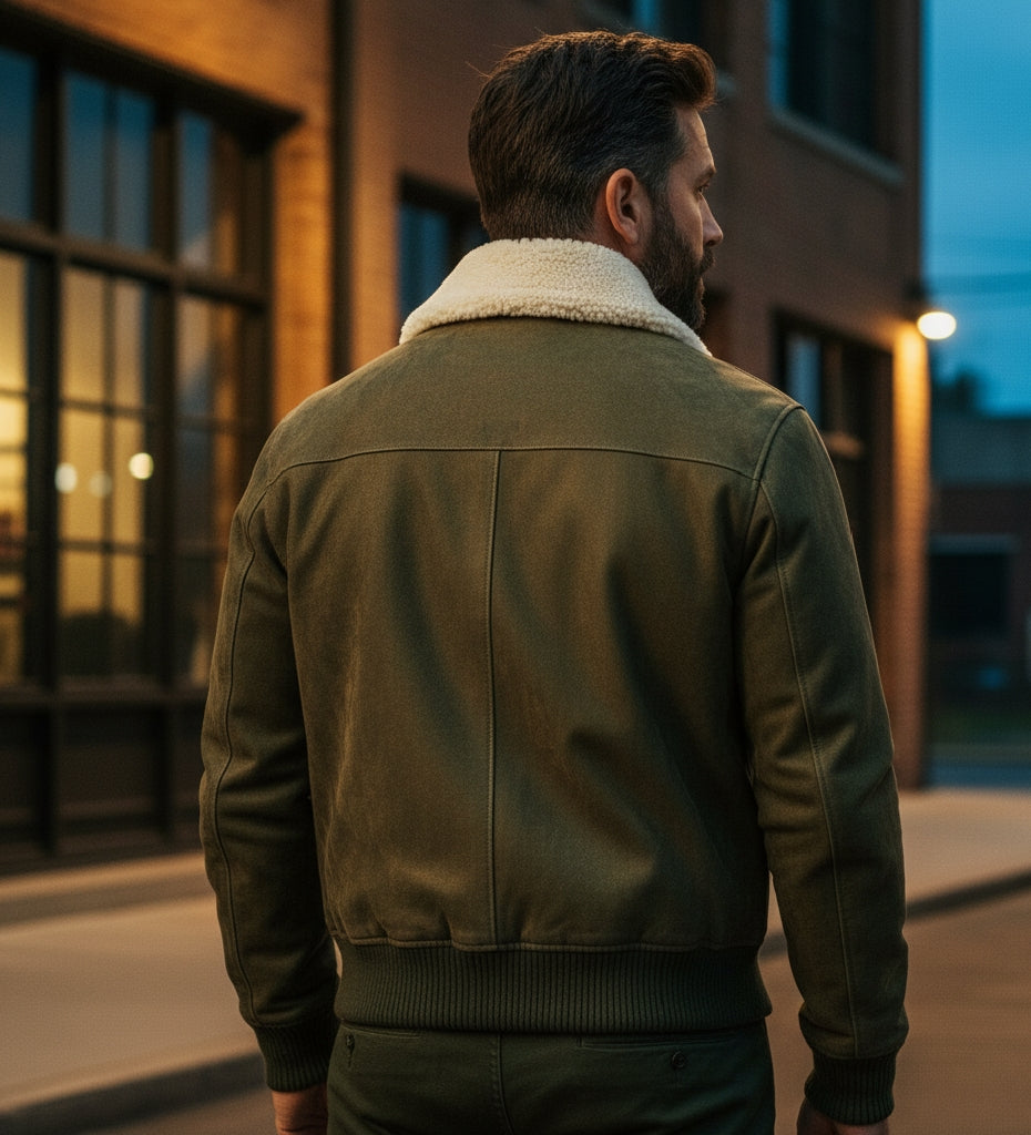 Men's Shearling Collar Suede Bomber Jacket