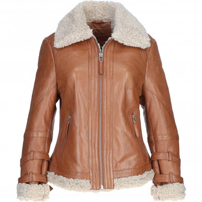 Ladies Sheepskin Aviator Jacket with Faux Fur Lining Cognac