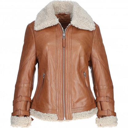 Ladies Sheepskin Aviator Jacket with Faux Fur Lining Cognac
