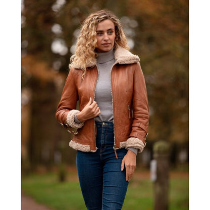 Ladies Sheepskin Aviator Jacket with Faux Fur Lining Cognac