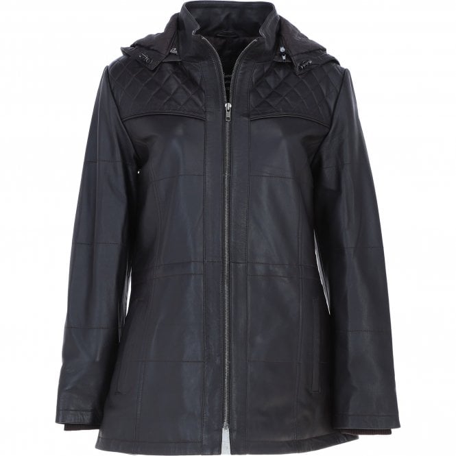 Genuine Leather Coat with Detachable Hood Brown