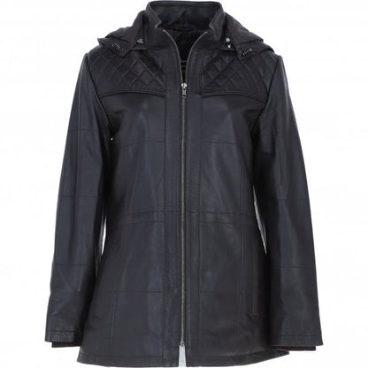 Genuine Leather Coat with Detachable Hood Brown