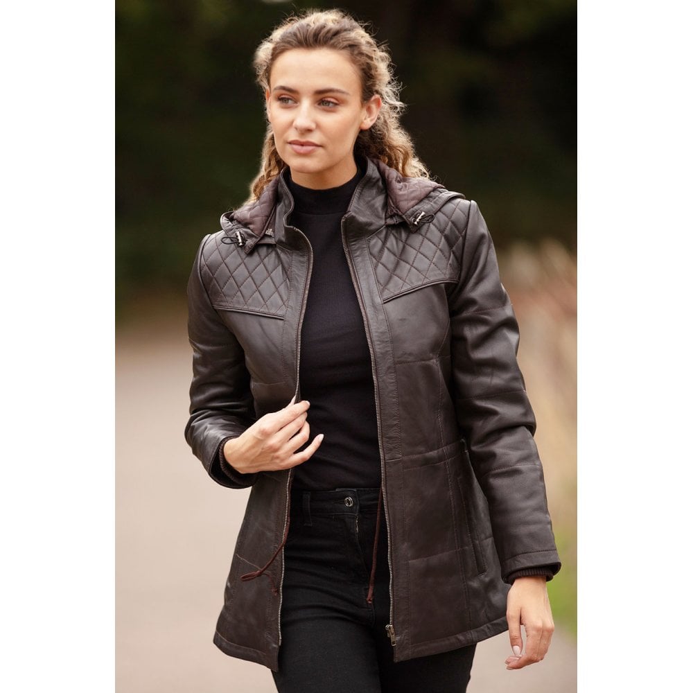 Genuine Leather Coat with Detachable Hood Brown